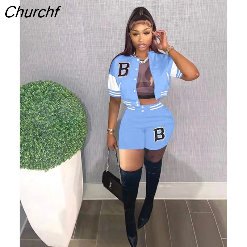 Churchf Streetwear Two Piece Set Women Outfits Summer 2022 Casual Matching Set Sporty Tracksuit Crop Top Pocket Biker Shorts Set