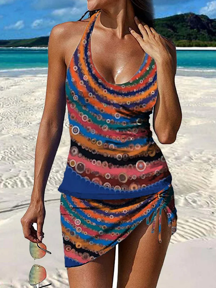 Retro Ethnic Color Ripples Print Pleated Drawstring V-neck Tankini Pantskirt Set Swimsuit