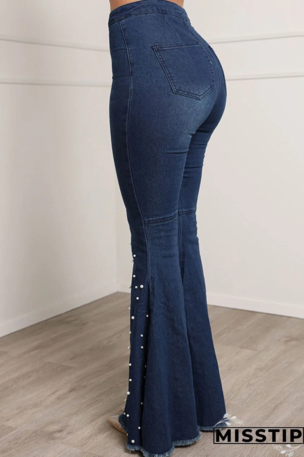 Blue Casual Street Solid Patchwork Beading High Waist Boot Cut Denim Jeans