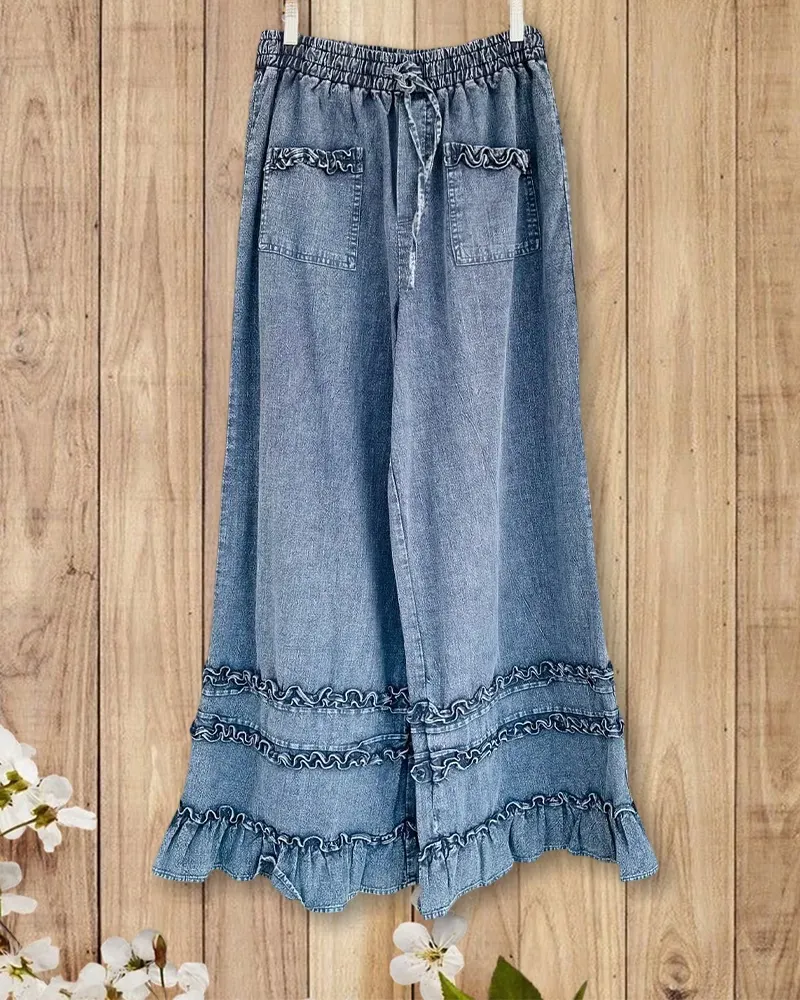 Washed White Drawstring Solid Color Washed Drawstring Cute Ruffled Jeans