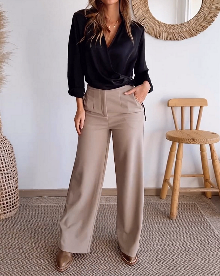 V-neck Strappy Long-sleeved Top and Pants Two-piece Suit