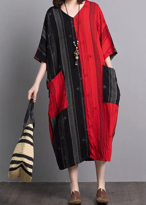 Classy v neck pockets linen outfit Sewing black red patchwork Dresses summer