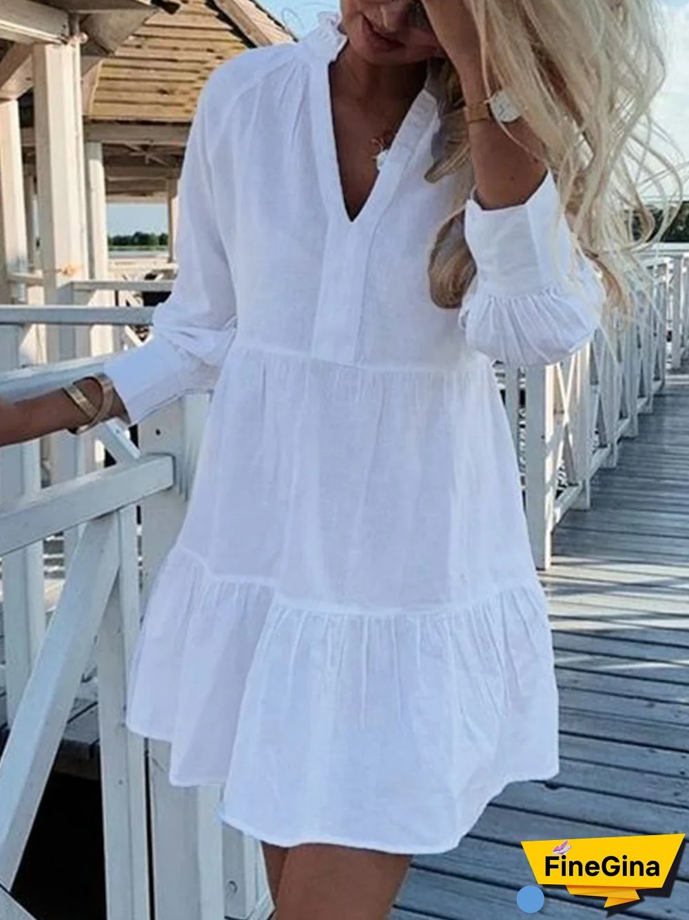 Casual V neck Plain Loose Long Sleeve Dresses