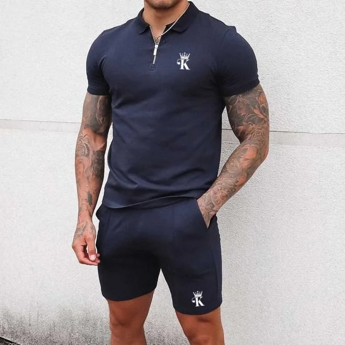 Casual Navy Blue Crown K Polo Shirt And Shorts Two-Piece  Co-Ord