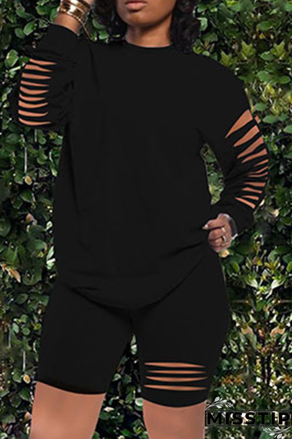 Black Sexy Solid Patchwork O Neck Long Sleeve Two Pieces