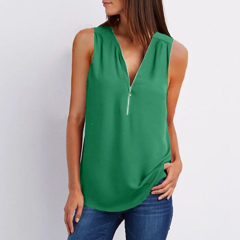 Female Casual Summer Top Shirt Ladies V Neck Zipper Loose Tee Tops Women's Solid Zip Up Top Vestidos Mujer Verano Blouse