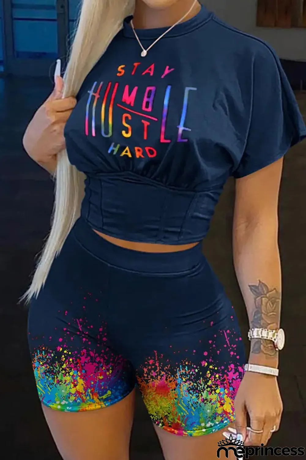 Deep Blue Casual Print Patchwork O Neck Short Sleeve Two Pieces