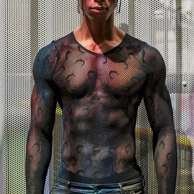 Transparent Shirt for Men Tight Moon Print Top Plaid Embroidery See-through T-shirt