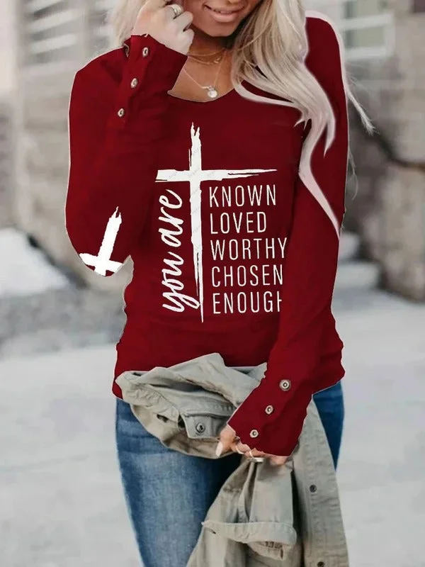 Easter Women's Known Loved Worthy Chosen Enough Letter Print Button Top