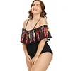 Plus Size Swimwear Women Feather Printed Open Shoulder Large Size 1 One Piece Swimsuit Plus Size Bodysuit Large Size 3XL 4XL