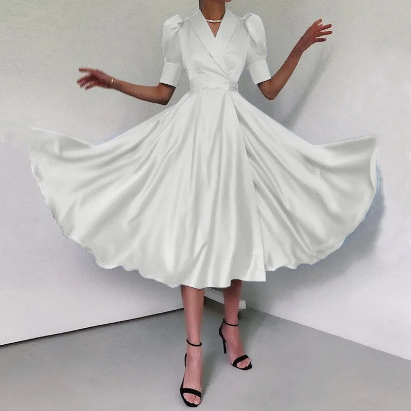 Sexy V-Neck Elegant Satin Shirt Dress 2021 Celmia Women Summer Sundress Casual Puff Sleeve Bandage Pleated Solid Party Vestidos