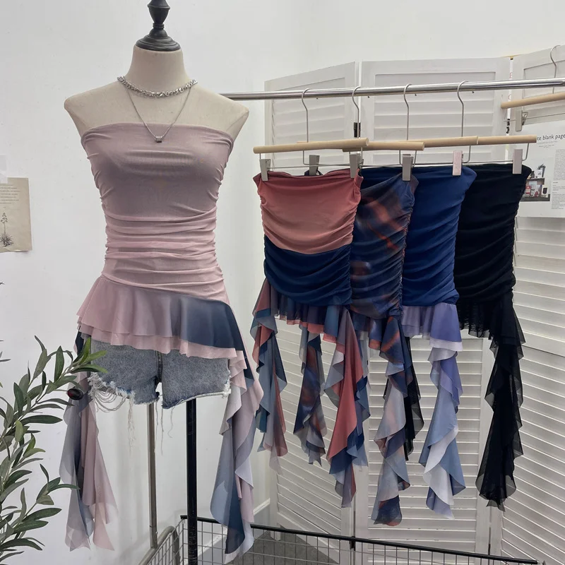 Uveng Irregular Bra Vest Wearing A Gradient Mesh Yarn Leaf Side Ribbon Bottom Sleeveless Top Lady 9931