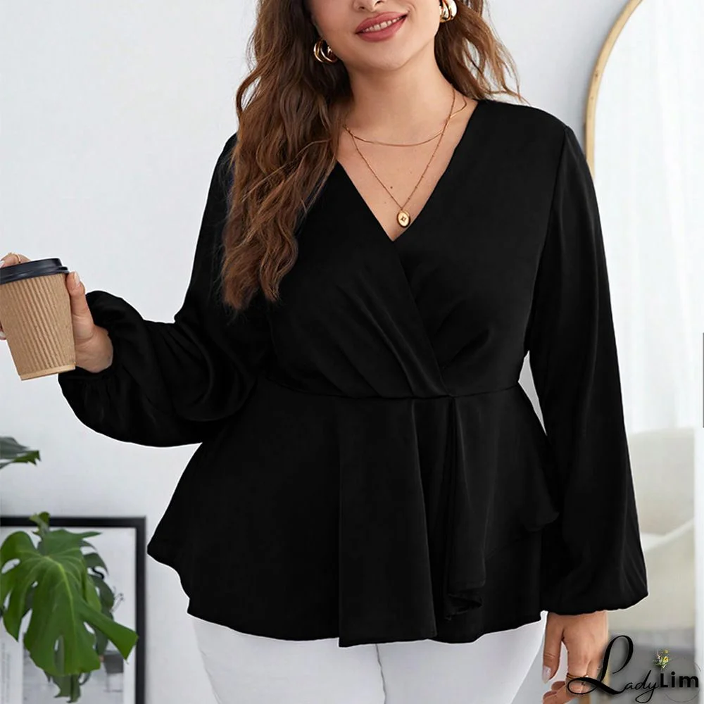 Plus Size Surplice Neck Long Sleeve Dress