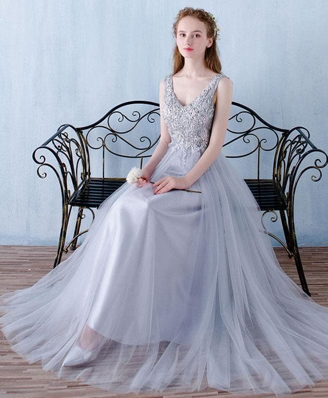 Gray V Neck Tulle Lace Long Prom Dress, Gray Bridesmaid Dress