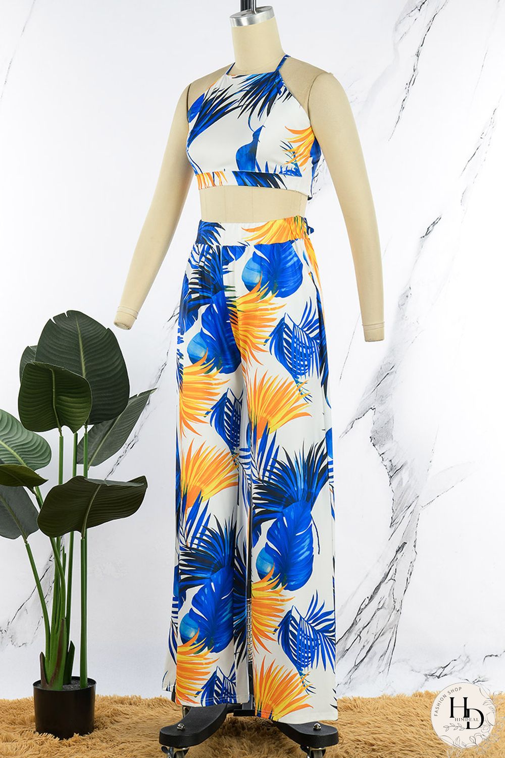 Blue Sexy Casual Print Frenulum Backless Spaghetti Strap Sleeveless Two Pieces