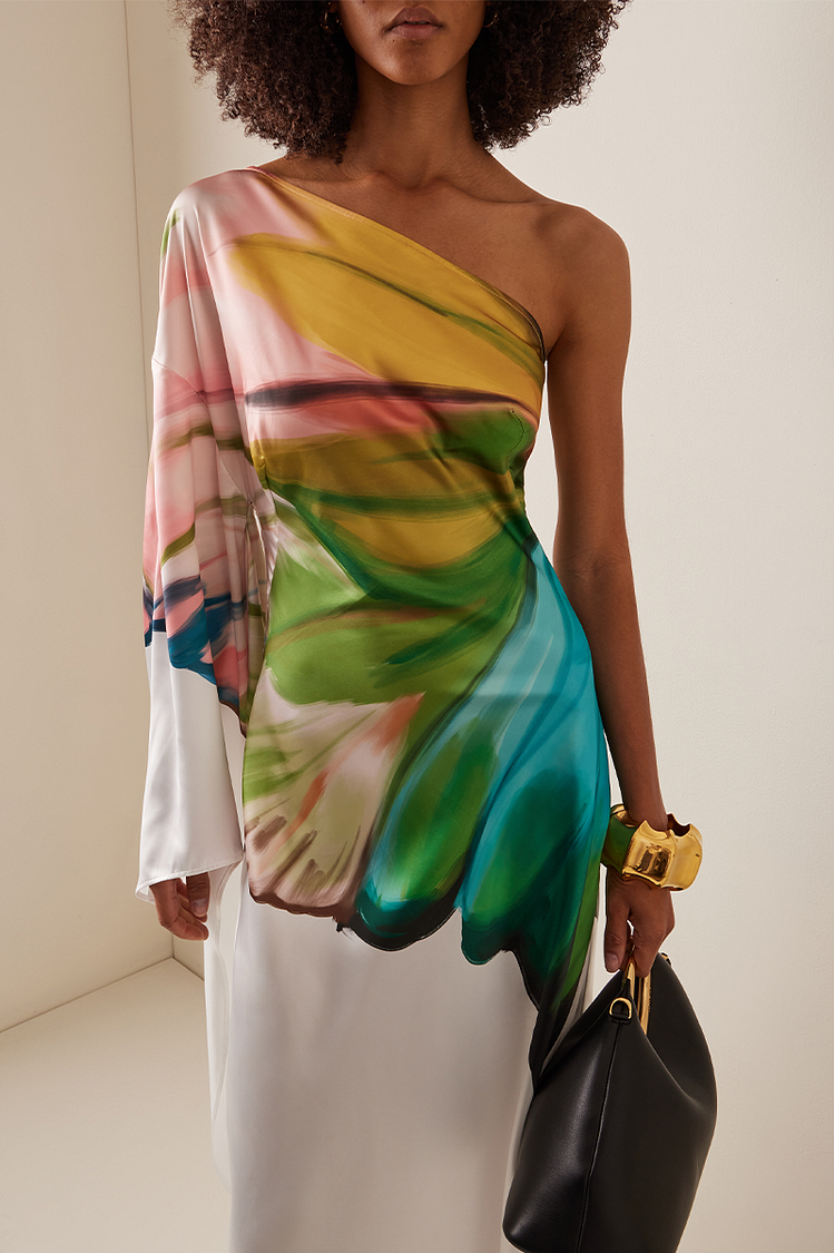 Oblique Shoulder Papillon Print Dress