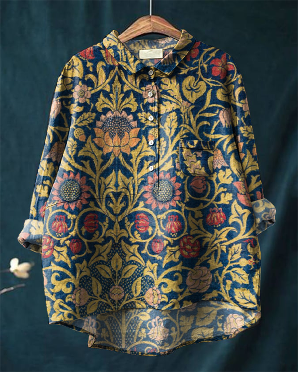 Retro Art Floral Print Casual Cotton and Linen Long Sleeve Shirt