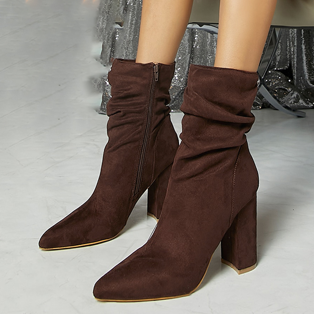Dark Brown Vegan Suede Pointed Toe Pleated Design Heeled Ankle Boots Nicepairs