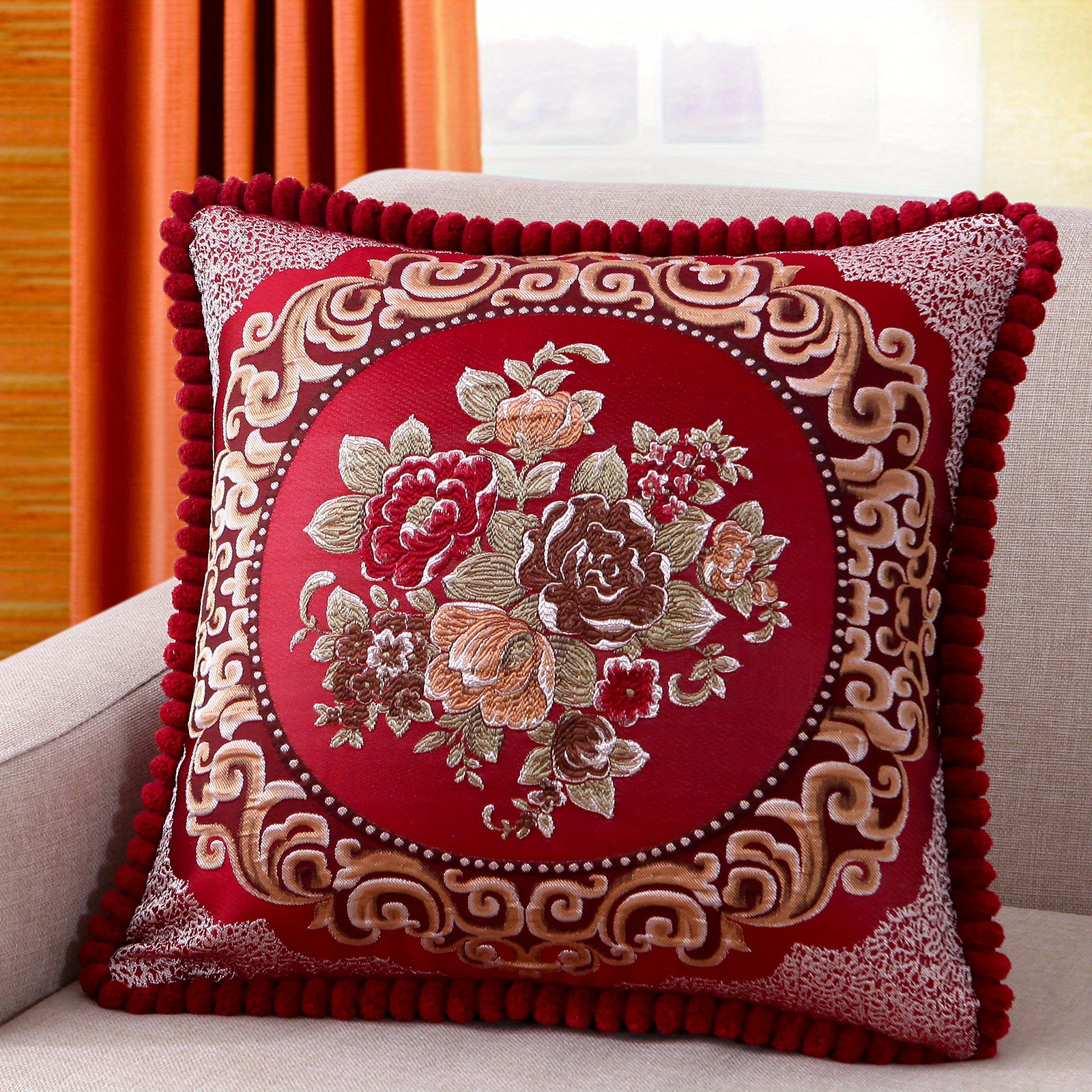 1pc Luxurious Rose Floral Chenille Embroidered Pillow Cover - Soft, Cozy & Stylish Cushion Case for a Vibrant Living Room, Bedroom & Party Decor - Attractive 19x19 Inch Design