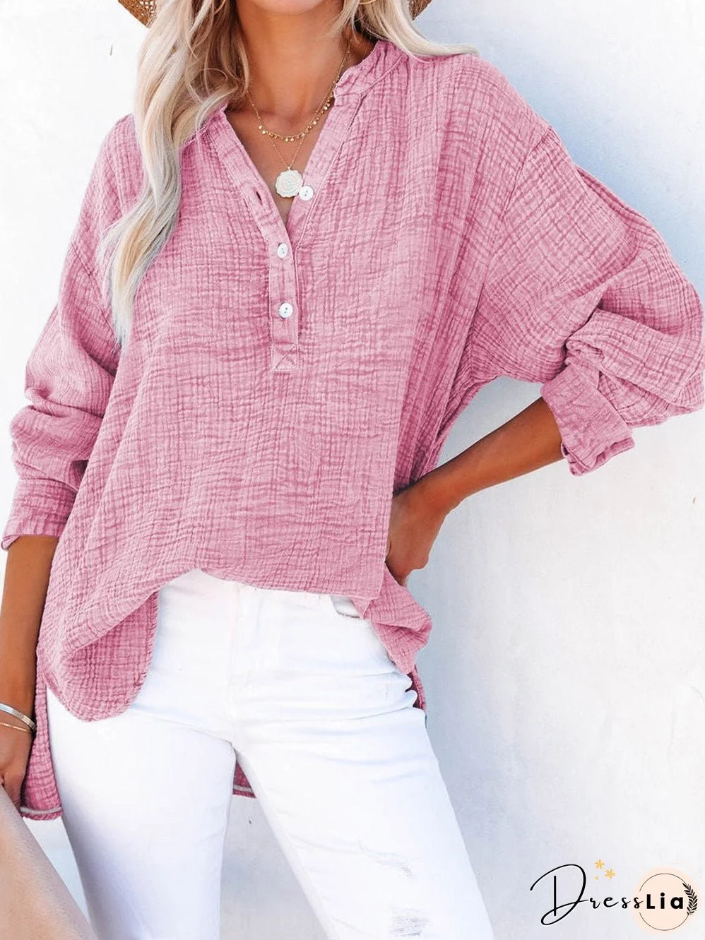 Pink Crinkle Texture Henley Top with Loose Fit