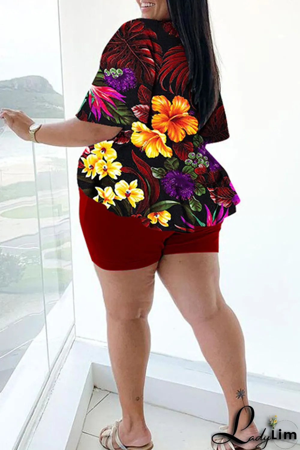 Green Casual Print Bandage Split Joint V Neck Plus Size Two Pieces