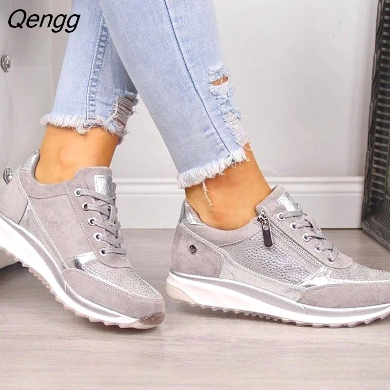 Qengg Casual Shoes 2023 New Fashion Wedge Flat Shoes Zipper Lace Up Comfortable Ladies Sneakers Female Vulcanized Shoes 304-1