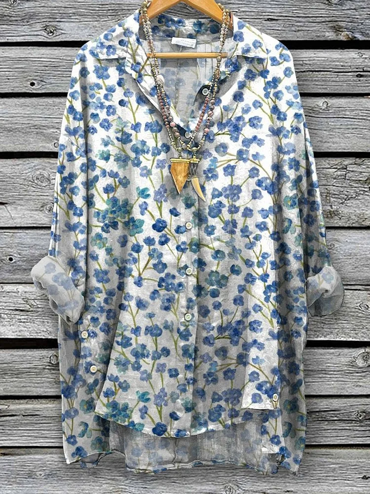 Women's Flowers Spring Floral Print Casual Cotton And Linen Shirt