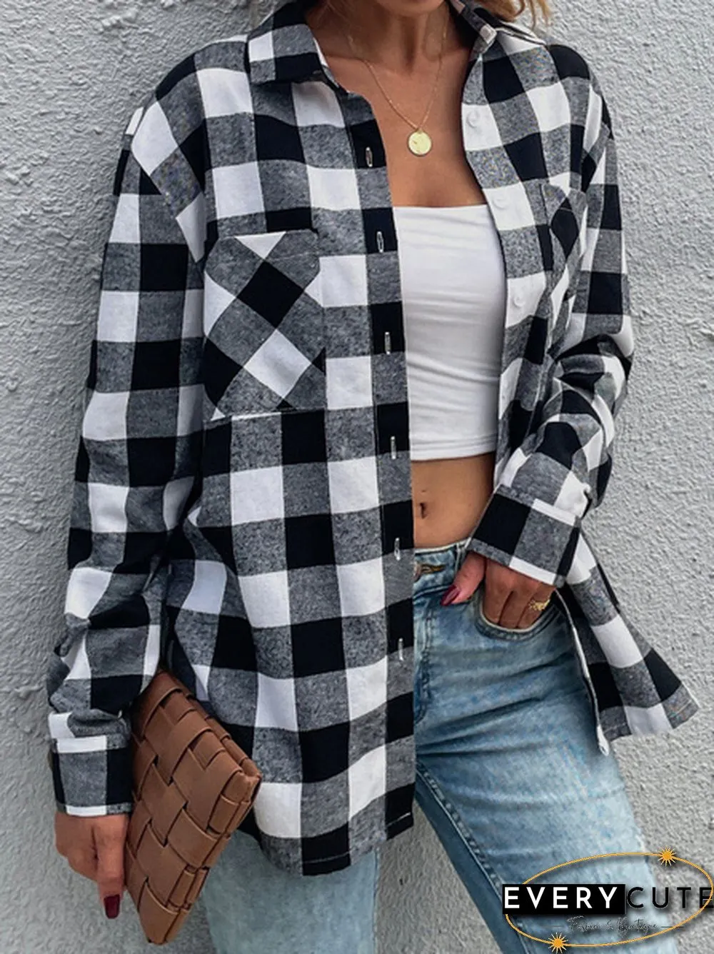 Plaid Drop Cardigan Lapel Long Sleeve Casual Top Shirt Blouse