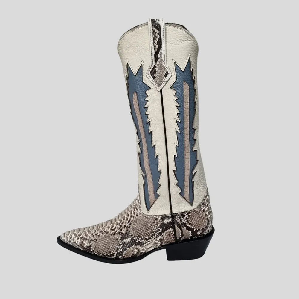 Faux Leather Snakeskin Mid-Calf Pointed Toe White Western Boots Nicepairs