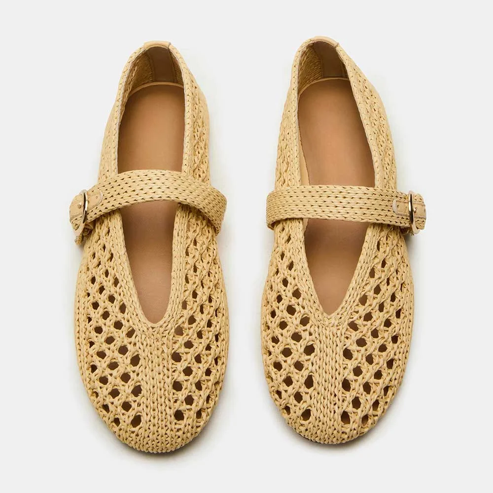 Stylish Raffia Round Toe Buckle Strap Flat Shoes Women in Yellow