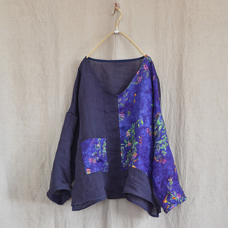Vintage Casual Loose-Fit V-Neck Patchwork Linen Top Shirts