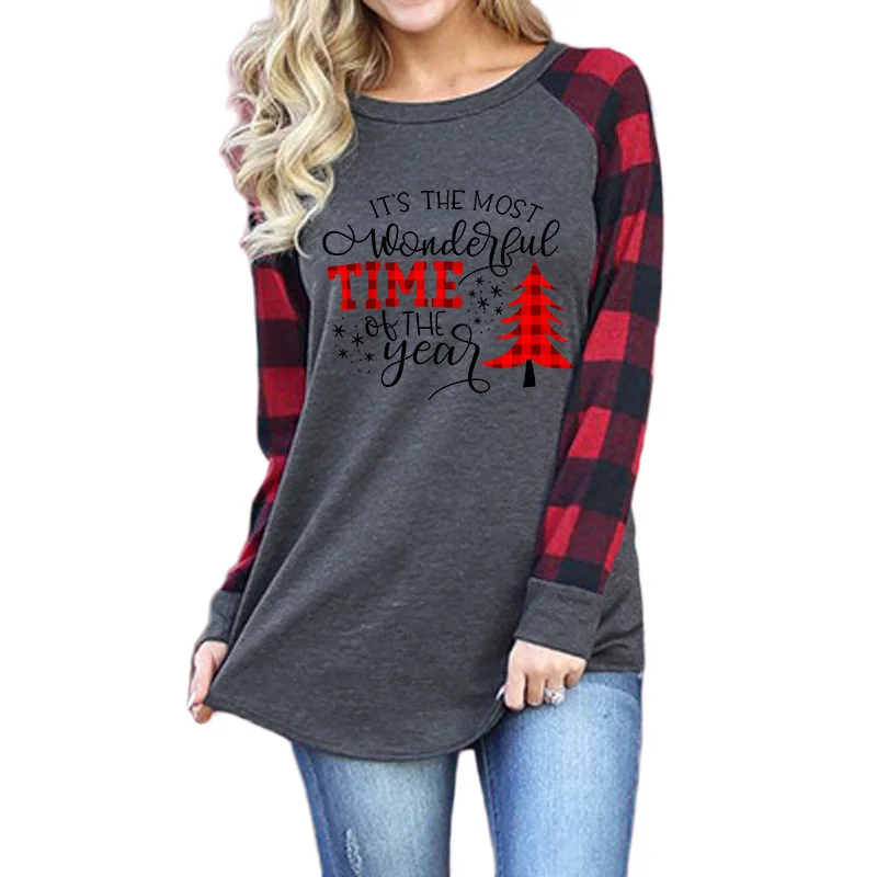 Most Wonderful Time Splice Plaid Long Sleeve Top in Gray