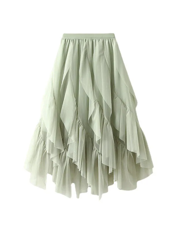 A-Line Loose Elasticity Gauze Pleated Solid Color Split-Joint Skirts