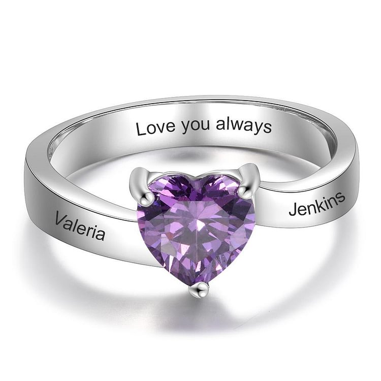 925 Sterling Silver Personalized Birthstone Ring with 1 Birthstone, 2 Names and 1 Inner Engraving