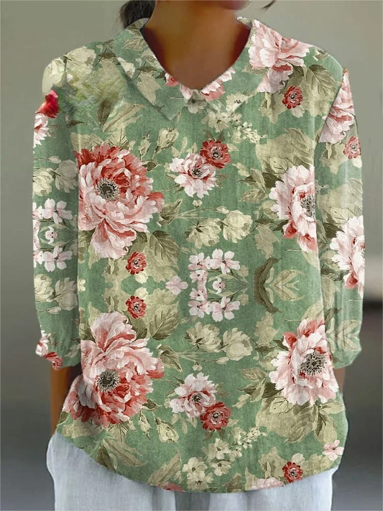 Women's Pastoral Flowers Print Casual Cotton And Linen 3/4 Sleeve Shirt
