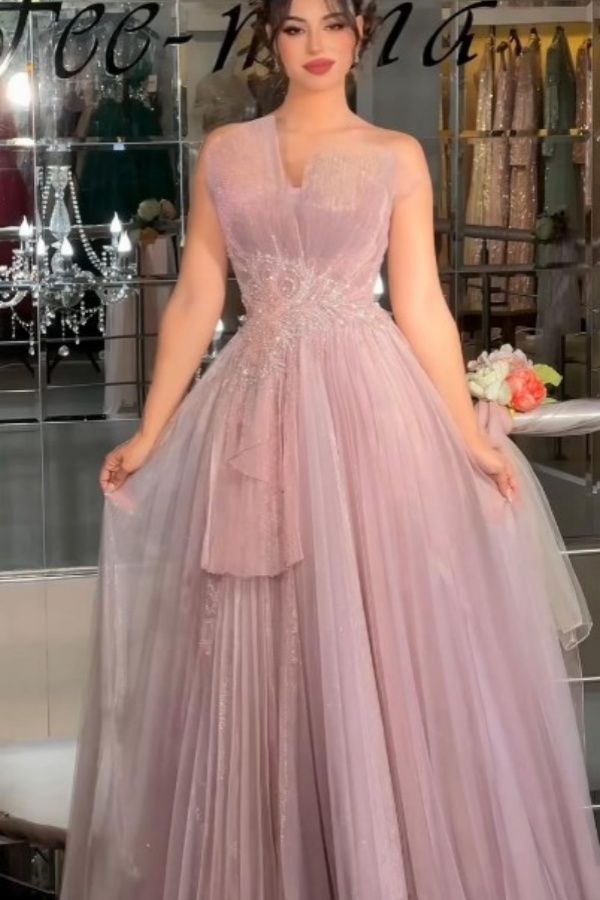 Strapless Sweet Pink Gentle Applique Tiered Tulle Prom Dress