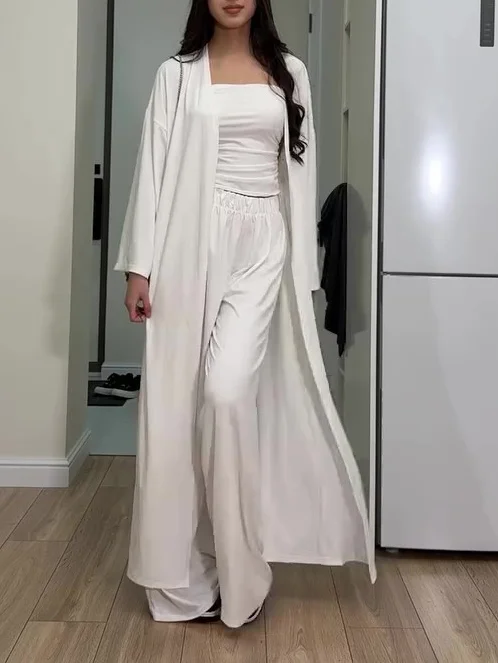 Solid Color Tube Top Long Sleeve Cardigan Wide Leg Pants Three Piece Set
