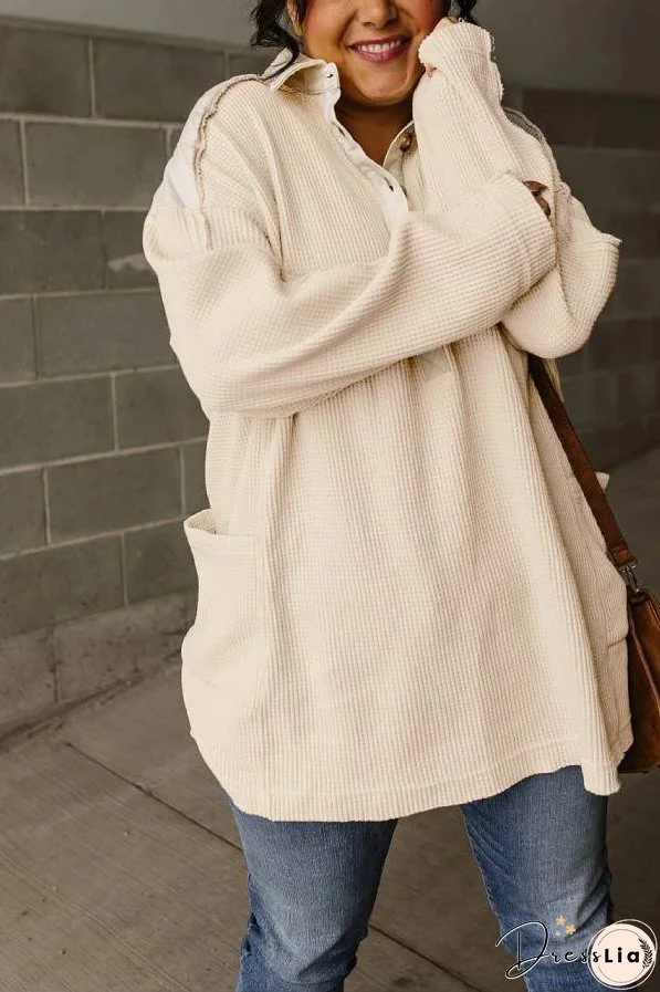 Smoke Green Waffle Patchwork Drop Sleeve Henley Top