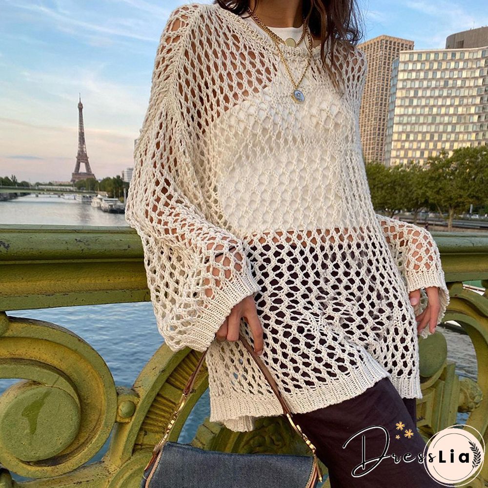Solid Long Sleeve Hollow Out Sweater