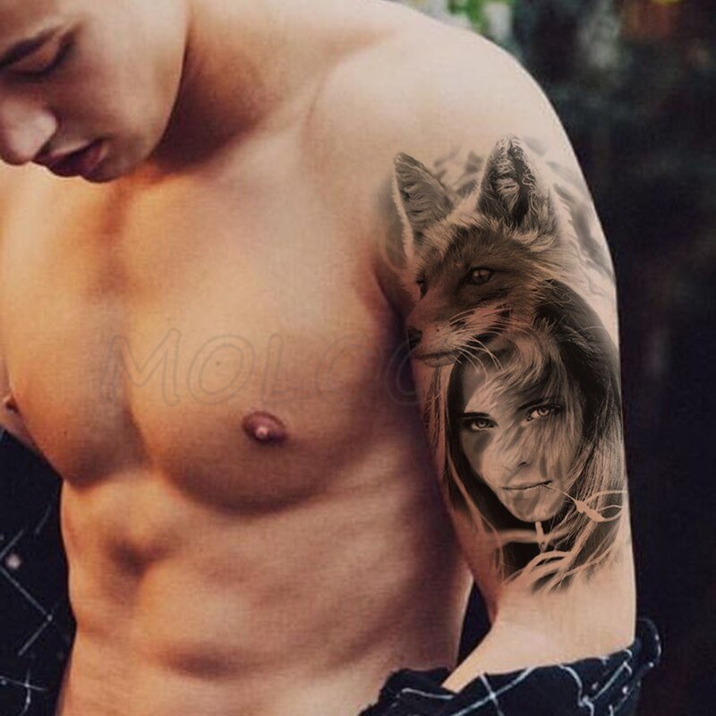 Temporary Tattoo Stickers Black Fox Head Girl Reed Fake Tatto Waterproof Tatoo Back Leg Arm Belly Big Size for Women Men Girl