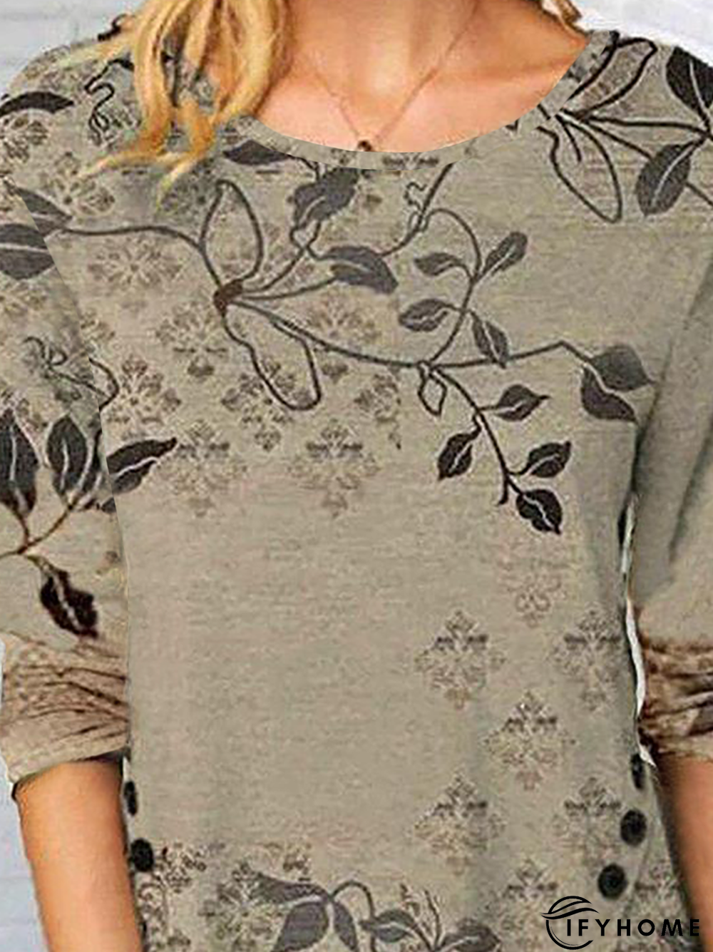 Crew Neck Casual Leaves Long Sleeve Tunic T-Shirt | IFYHOME