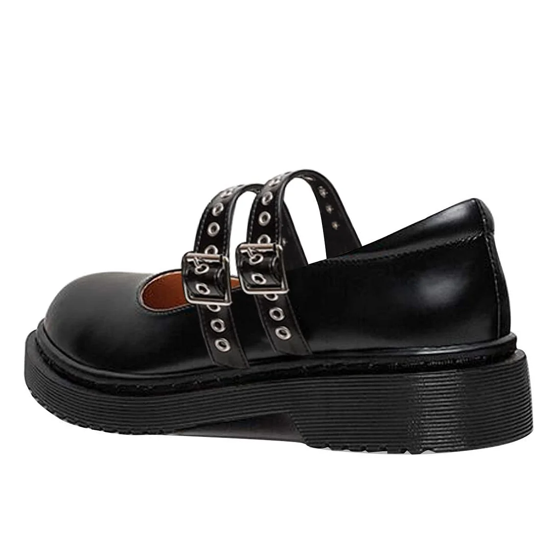 Black Vegan Leather Round Toe Studded Strappy Mary Jane Shoes 