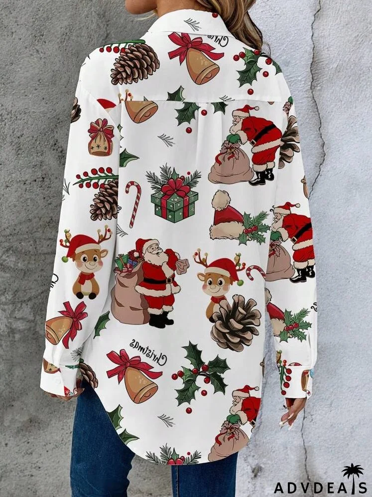 Casual Minimalist Christmas Element Graphic Loose Button-Down Shirt, Long Sleeve For Women, Suitable For Autumn And Winter