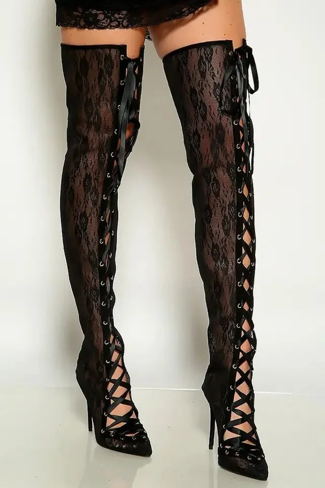 Sexy Lace Up Pointed Toe Knee High Boots