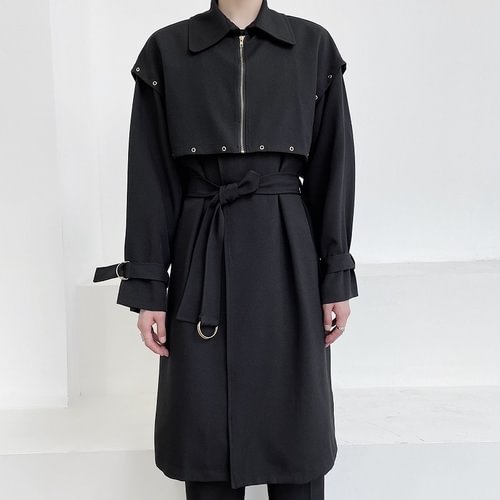 Dawfashion-Korean Version of Fake Two-piece Shawl Design Trendy Rivet Zipper Long Trench Coat-Yamamoto Diablo Clothing
