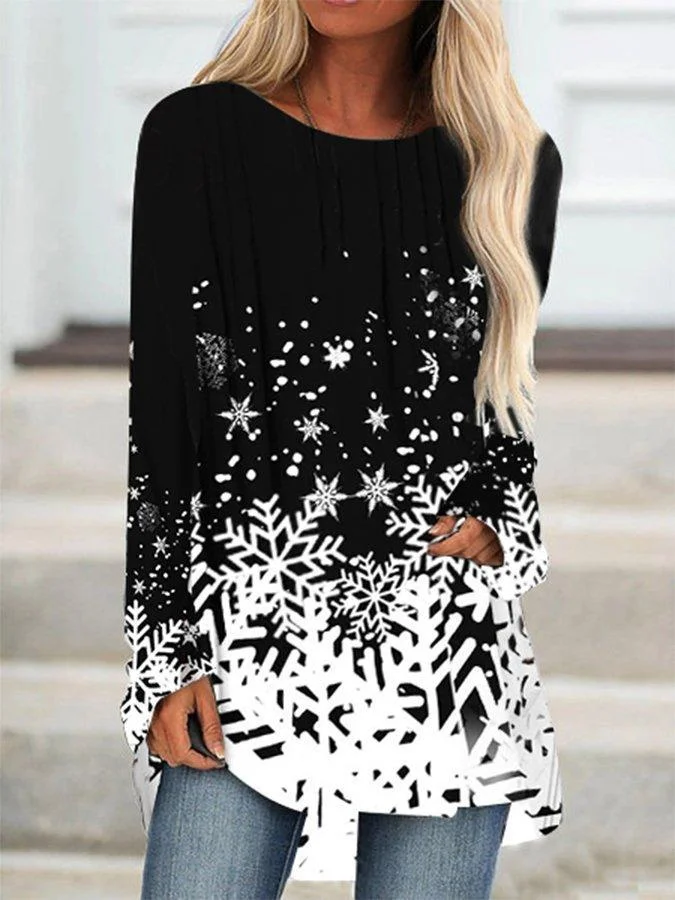 Christmas Snowflake Round Neck Print Dress Pullover Long-sleeved T-shirt