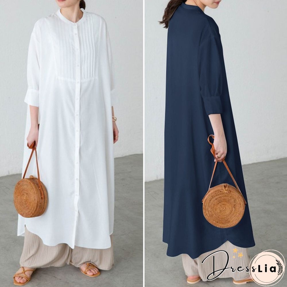 Ladies Spring Casual Kaftan Solid Sleeve Holiday Loose Top Pleated Long Dress Plus Size