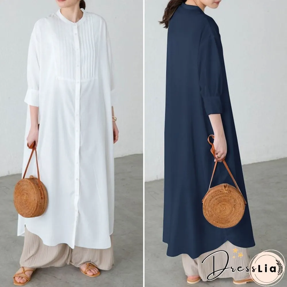 Ladies Spring Casual Kaftan Solid Sleeve Holiday Loose Top Pleated Long Dress Plus Size