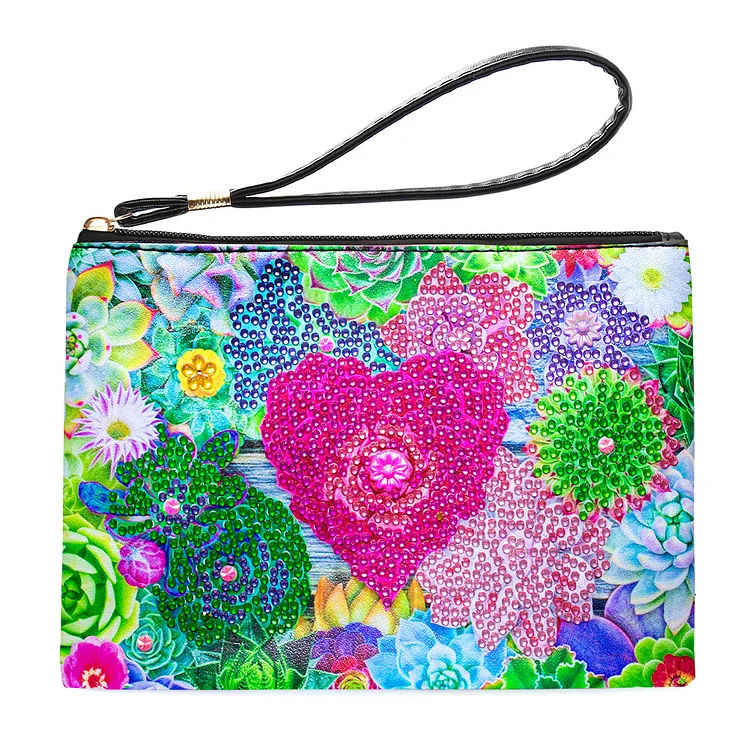 DIY Diamond Wristlet Handbag Diamond Art Clutch Bag with Wrist Straps Kit(Love Succulent)
