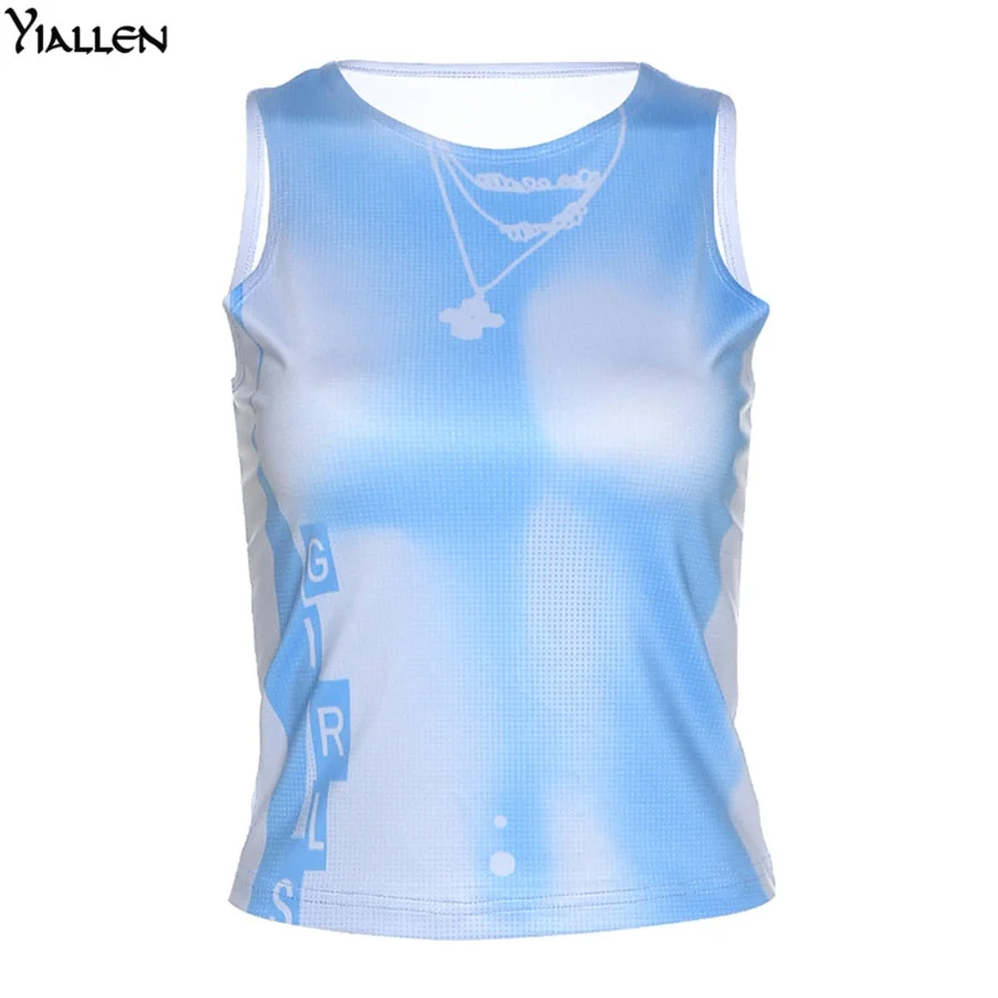 Yiallen Summer Fashion Print Personality Bright Color Sleeveless O-neck Tank Top Slim Design Women Street Shooting Vest Female